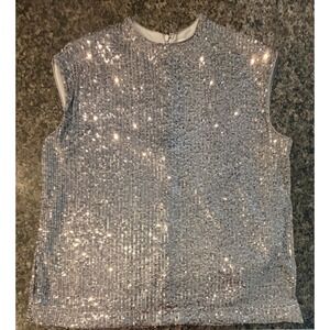 Calvin Klein Womens Silver Sequin Sleeveless Shell Top Party Blouse Medium